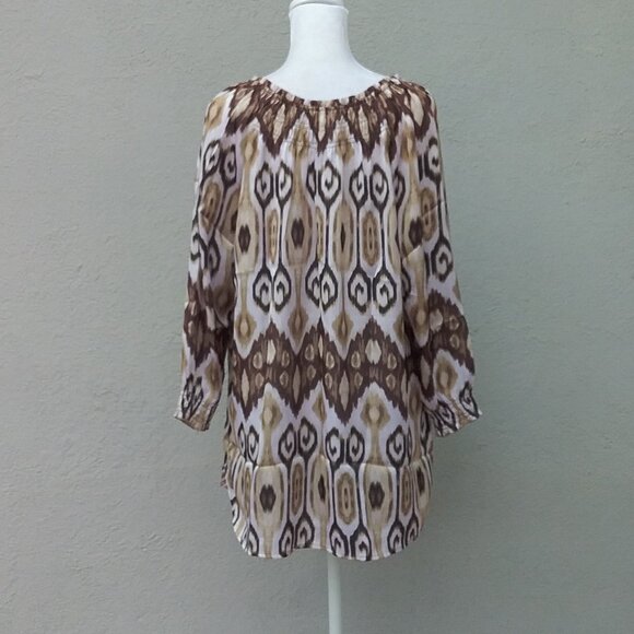 Unbranded Blouse Women's Med Brown Beige White Print Elastic Neckline Preppy - Picture 4 of 6